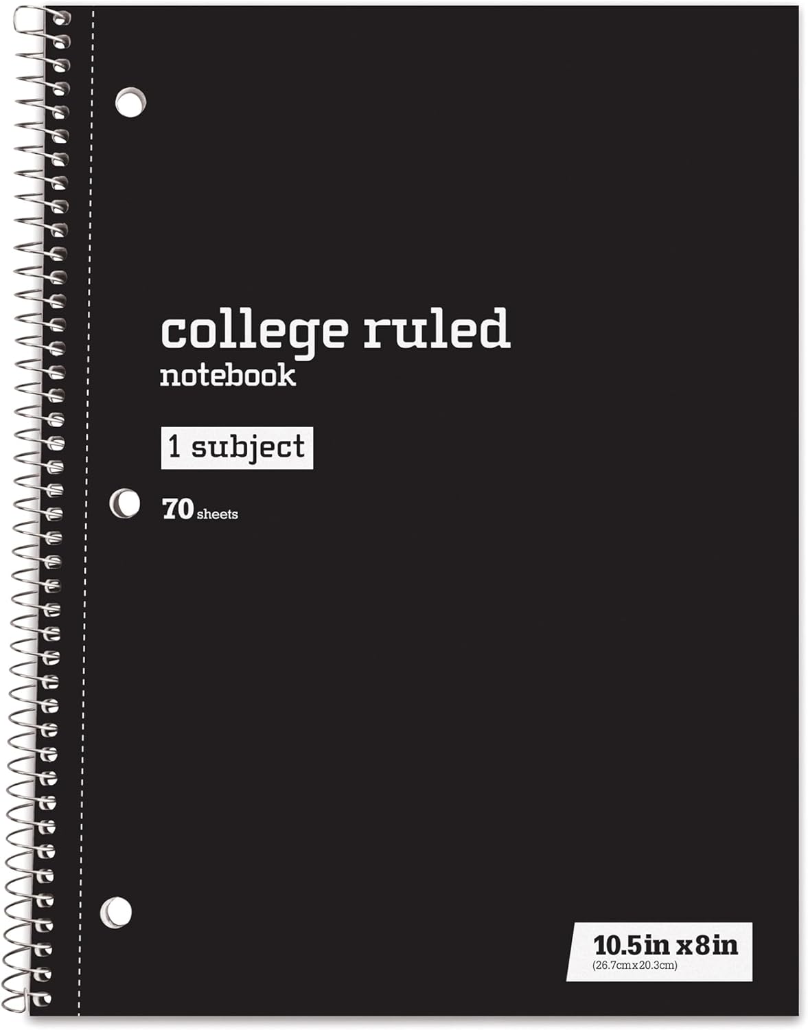 Just Basics® Spiral Notebook, 7 1/2" x 10 1/2", College Ruled, 140 Pages (70 Sheets), Black