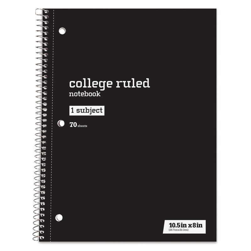 Just Basics® Spiral Notebook, 7 1/2" x 10 1/2", College Ruled, 140 Pages (70 Sheets), Black