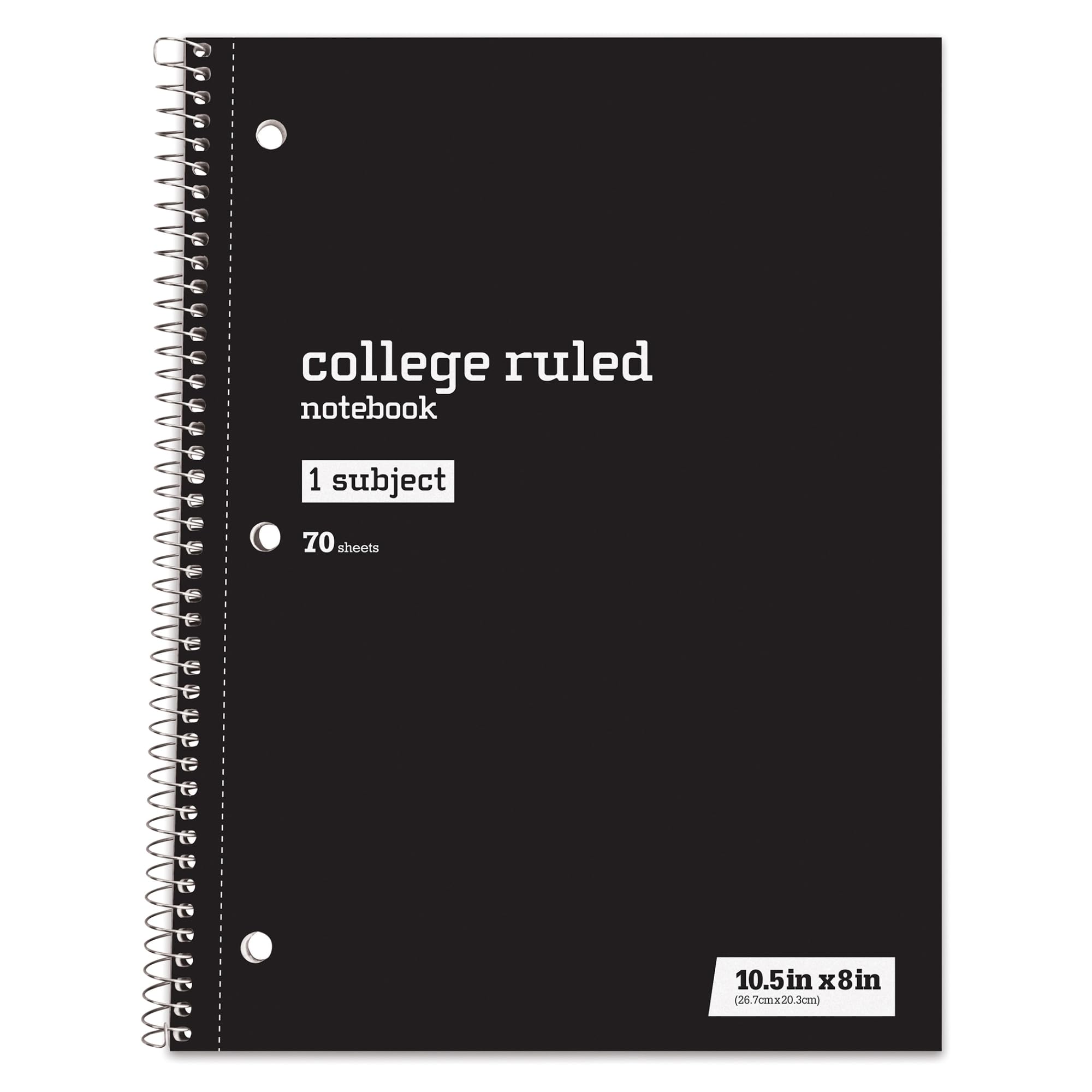 Just Basics® Spiral Notebook, 7 1/2" x 10 1/2", College Ruled, 140 Pages (70 Sheets), Black