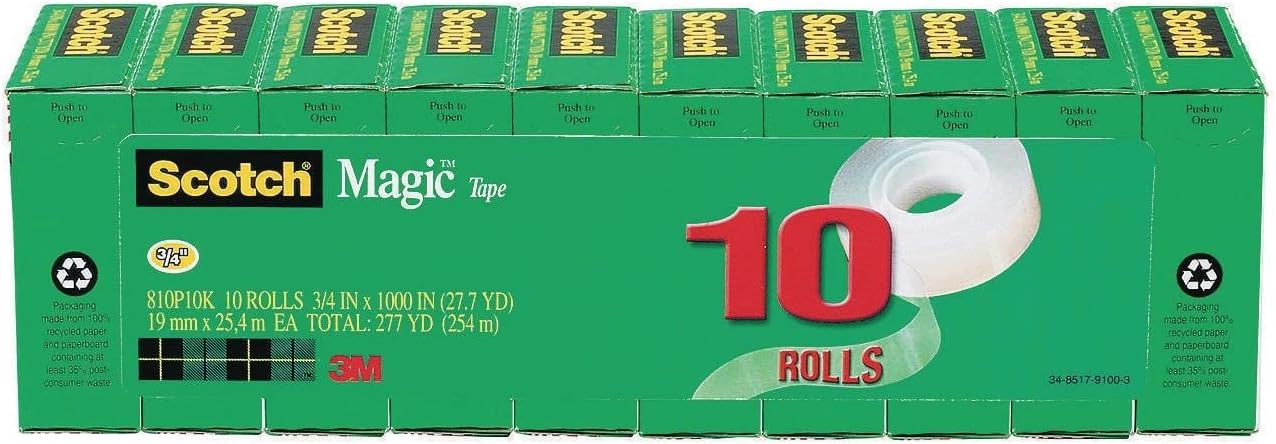 Scotch Magic Tape, Invisible, 3/4 in. x 1000 in., 10 Tape Rolls, Clear, School Supplies and College Essentials for Students