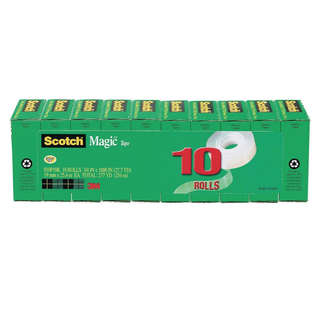 Scotch Magic Tape, Invisible, 3/4 in. x 1000 in., 10 Tape Rolls, Clear, School Supplies and College Essentials for Students