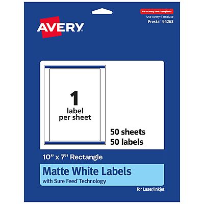 Avery Matte White Rectangle Labels, Sure Feed Technology, 10 x 7