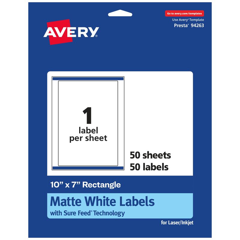 Avery Matte White Rectangle Labels, Sure Feed Technology, 10 x 7