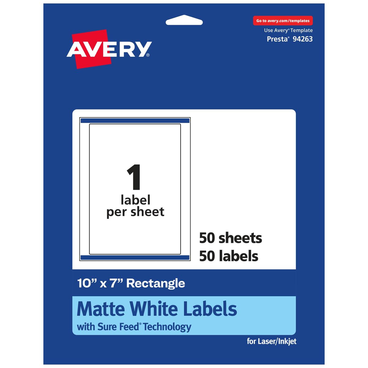 Avery Matte White Rectangle Labels, Sure Feed Technology, 10 x 7