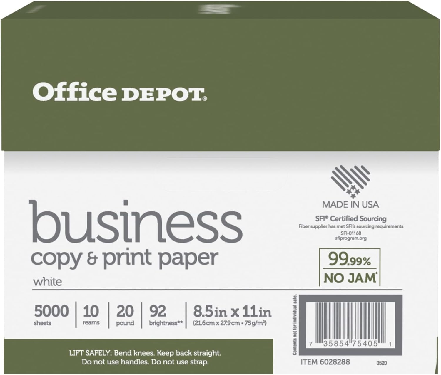 Office Depot® Brand Business Multi-Use Printer & Copier Paper, Letter Size (8 1/2" x 11"), 5000 Total Sheets, 92 (U.S.)