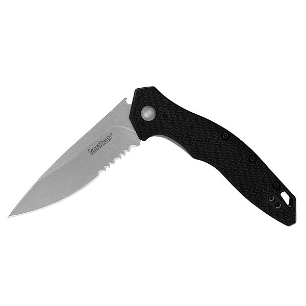 Kershaw Shoreline Folding Pocket Knife, All Purpose 3 inch Serrated Blade, Deep Carry Pocketclip, Black GFN Handle, Stonewashed Blade