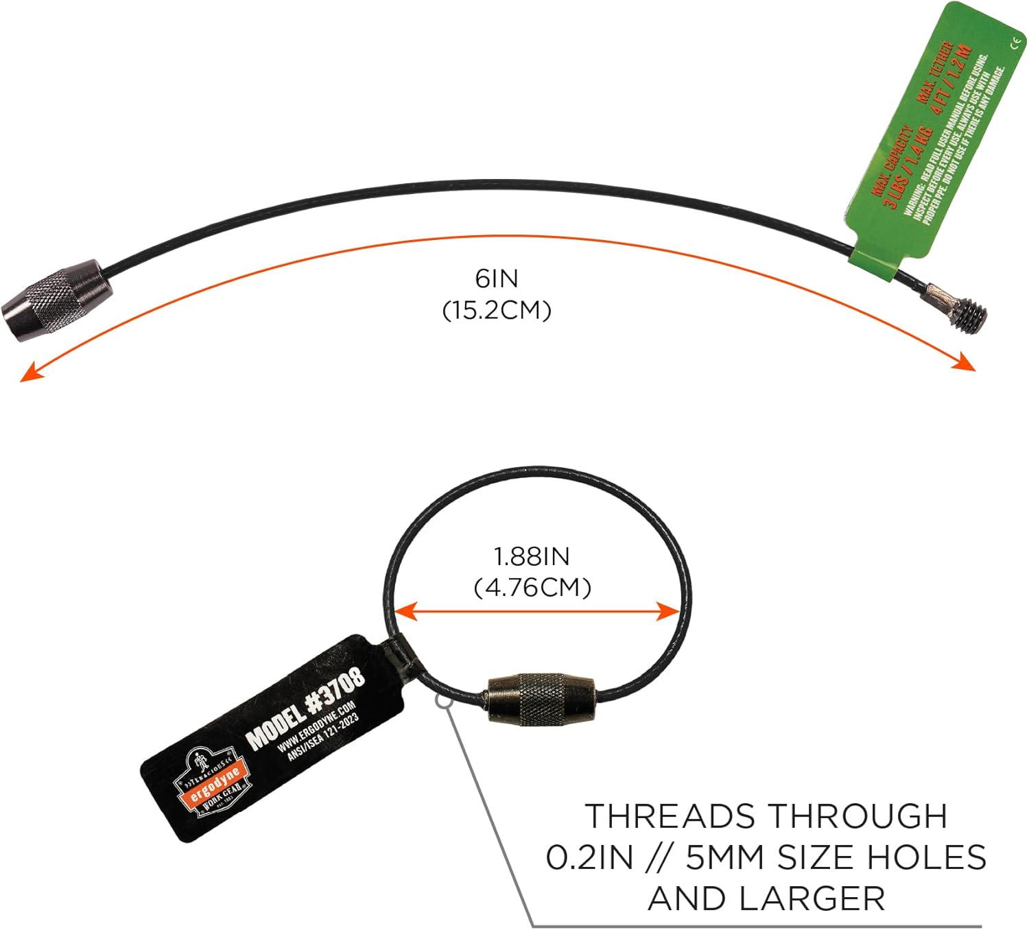 Ergodyne Squids 3708 Wire Cable Loop Tool Tethering Attachment, Screw Gate Opening, Weight Rating 3lbs, 6-Pack