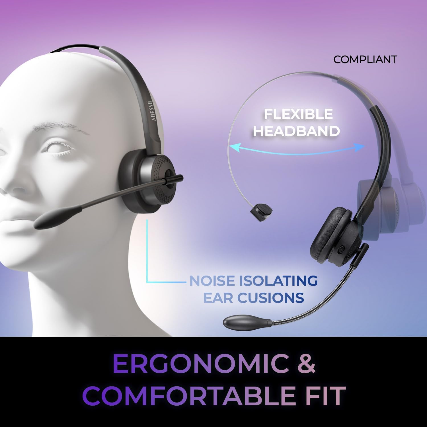 ADESSO Xtream P300 Bluetooth Single Ear Headset with Charging Dock 14 Hour Talk Time Wireless Office Headphone