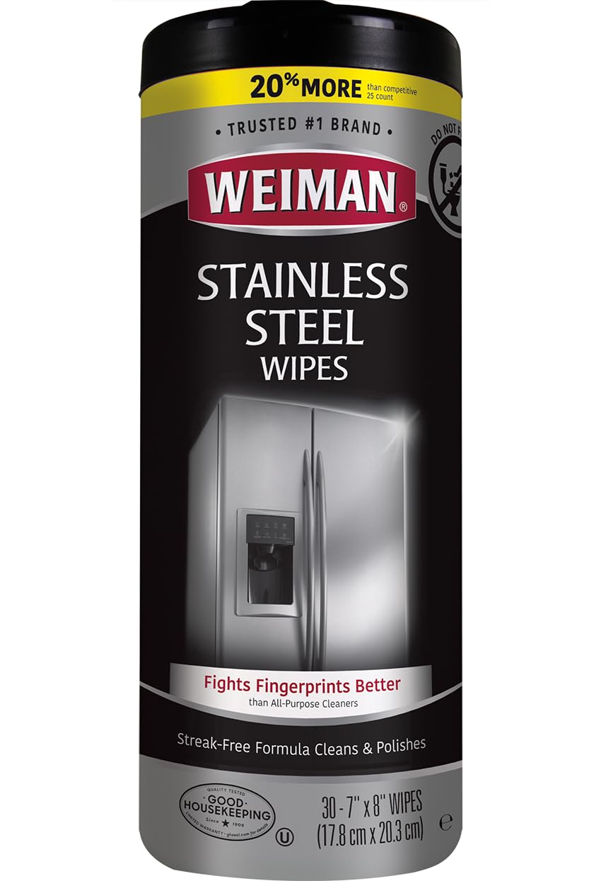 Weiman Stainless Steel Cleaner, 30 Count Cleaning Wipes, Removes Dirt, Grime, and Grease, No Streaks or Residue