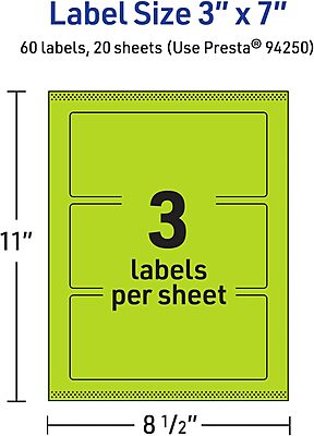 Avery Printable Rectangle Labels, Sure Feed Technology, 3" x 7", Bright Green, Print-to-The-Edge, Laser/Inkjet Printable