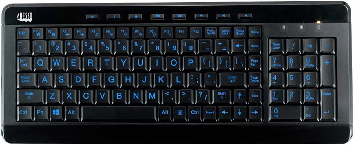 AKB-120EB 3-Color Illuminated Compact Multimedia Keyboard with Large Print Keys and Hotkeys