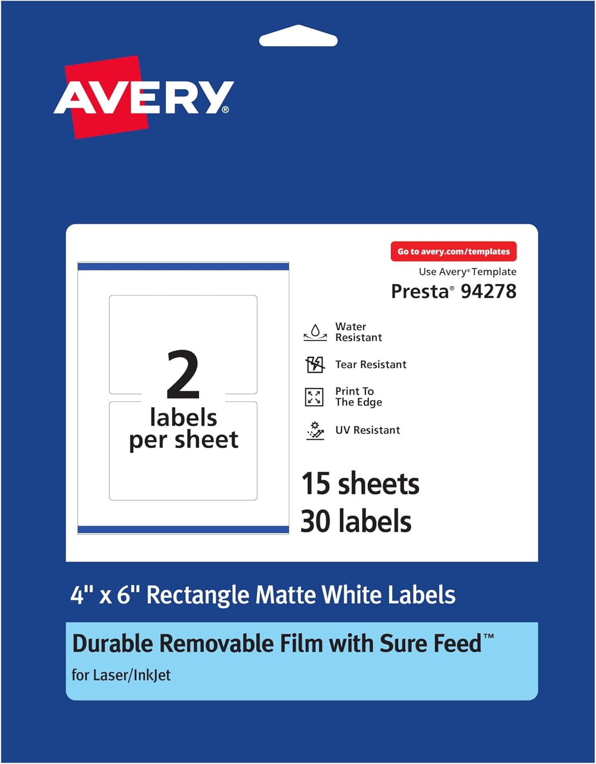 Avery Durable Removable Rectangle Labels, Sure Feed Technology, 4" x 6", Matte White Film