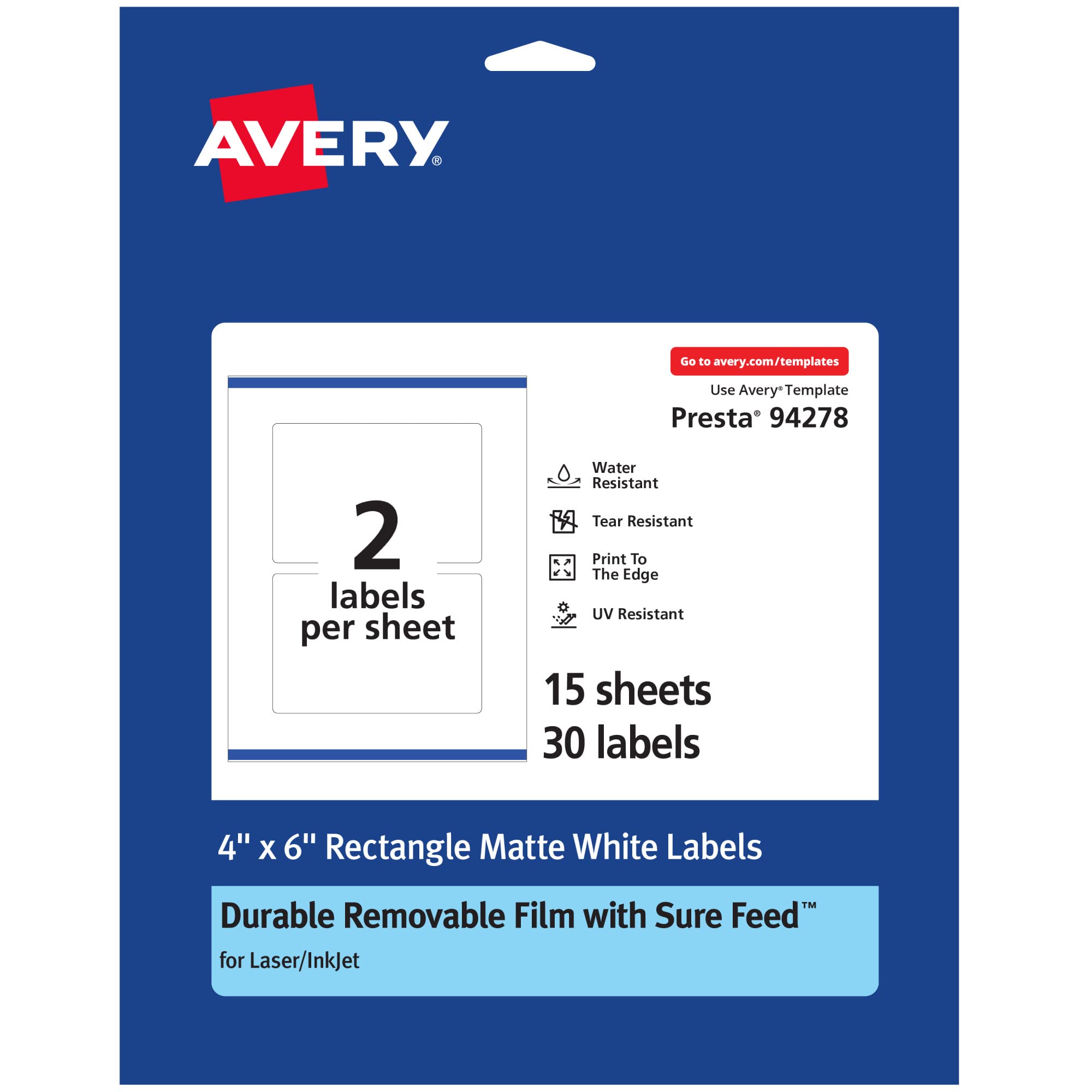 Avery Durable Removable Rectangle Labels, Sure Feed Technology, 4" x 6", Matte White Film