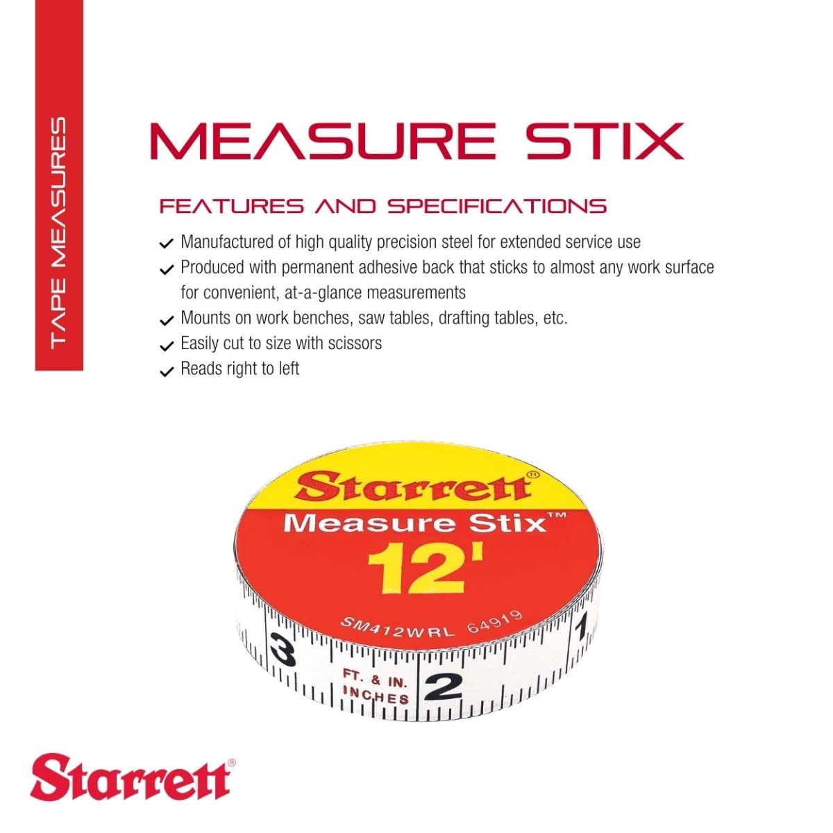 Starrett Tape Measure Stix with Adhesive Backing - Mount to Work Bench, Saw Table, Drafting Table - 1/2" x 12'