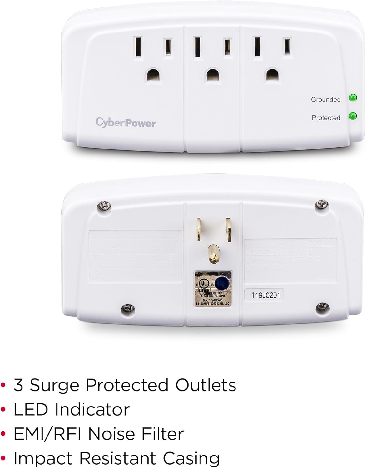 CyberPower CSB300W Essential 3 - Outlet Surge with 900 J - Clamping Voltage 800V, NEMA 5-15P, Wall Tap, EMI/RFI Filtration
