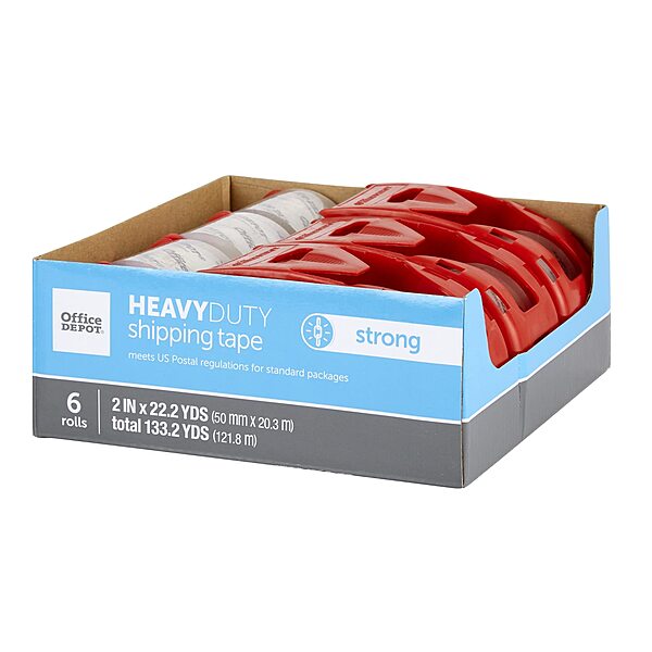 Office Depot® Brand Heavy Duty Shipping Packing Tape With Dispenser, 2" x 22.2 Yd, Crystal Clear, Pack Of 6 Rolls