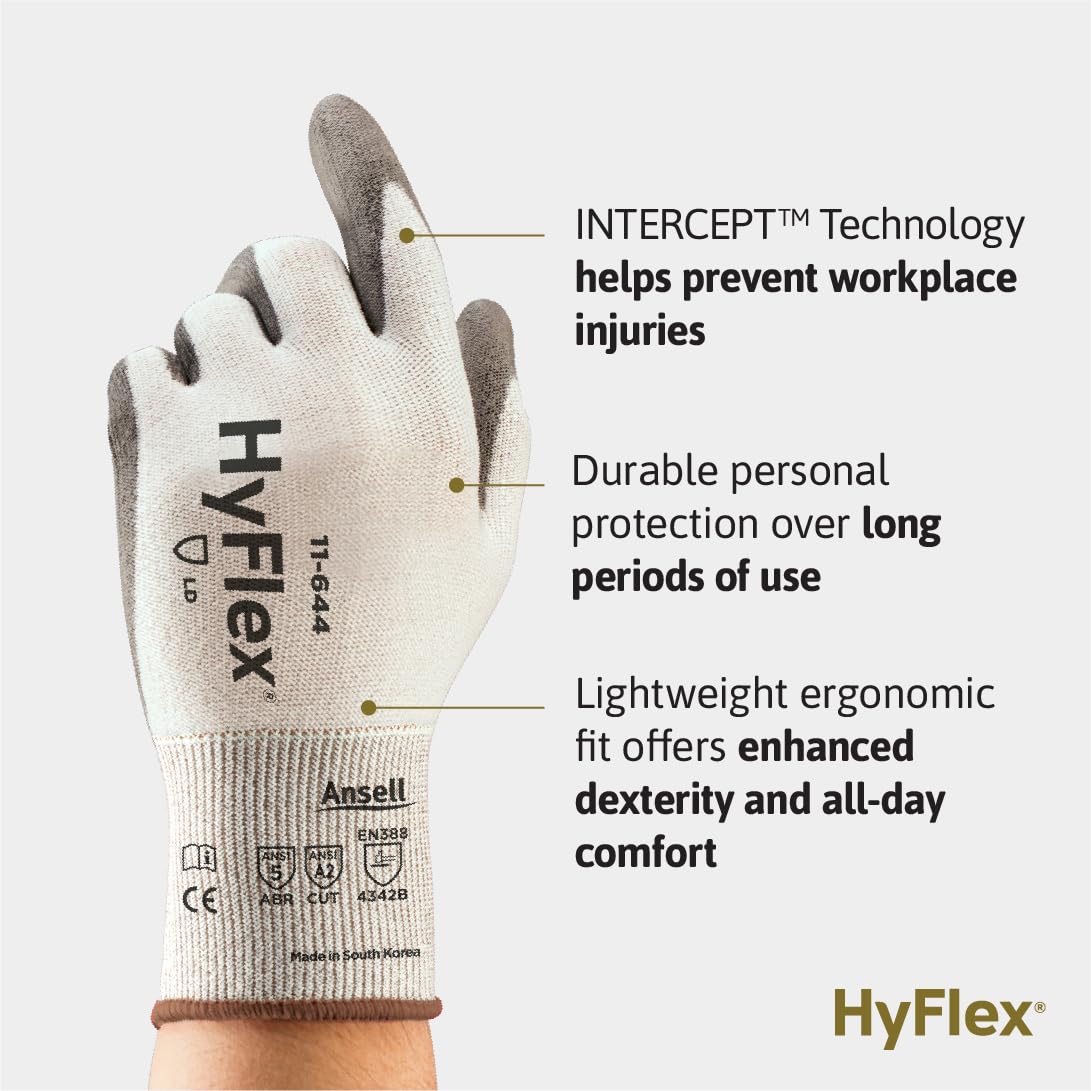 Ansell HyFlex 11-644 Mechanical Protection Cut-Resistant Industrial Gloves, XX-Large, White & Grey (1 Pair)