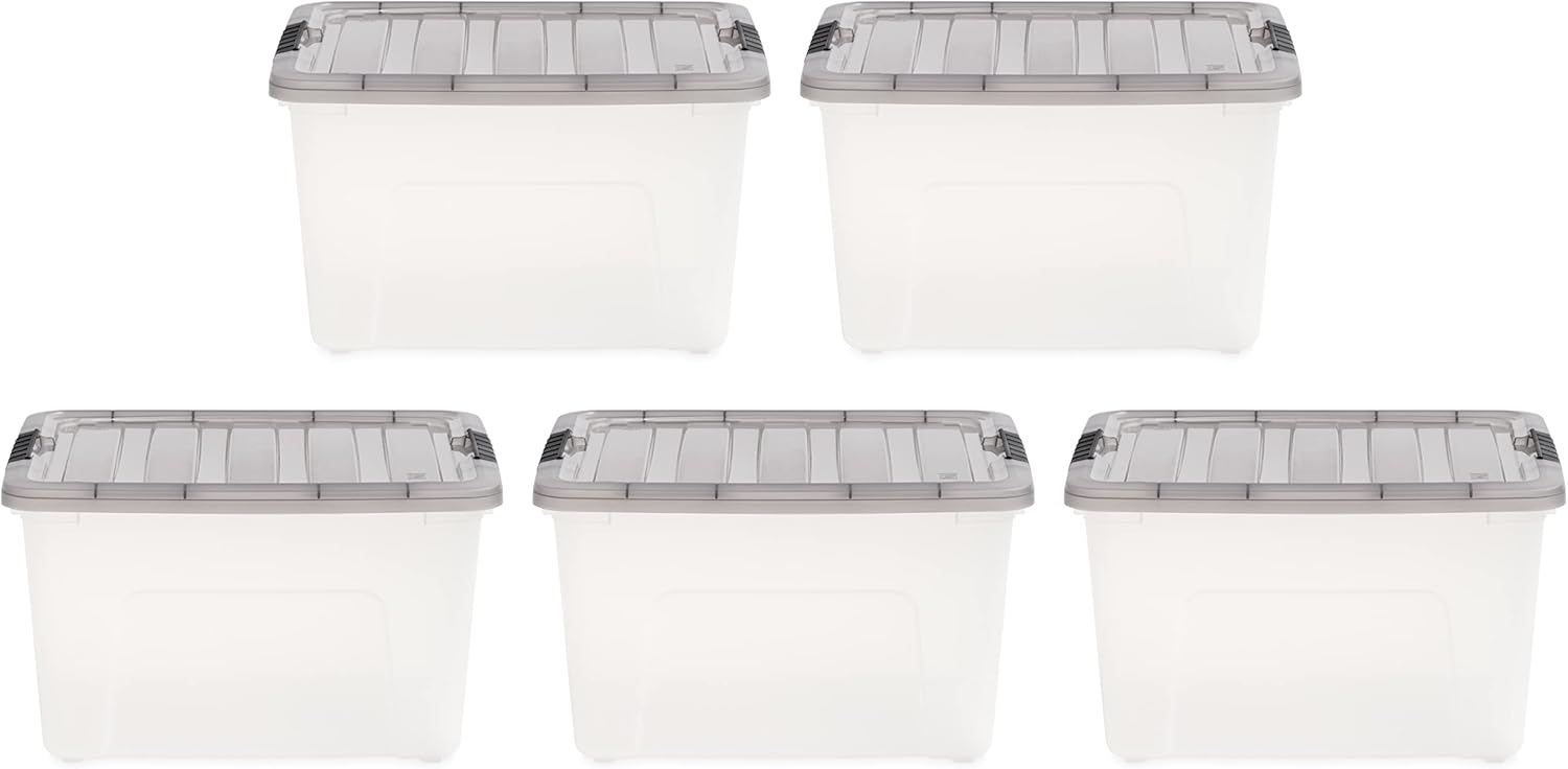IRIS USA 40 Quart Stack & Pull Clear Storage Box, Gray, 5 Pack