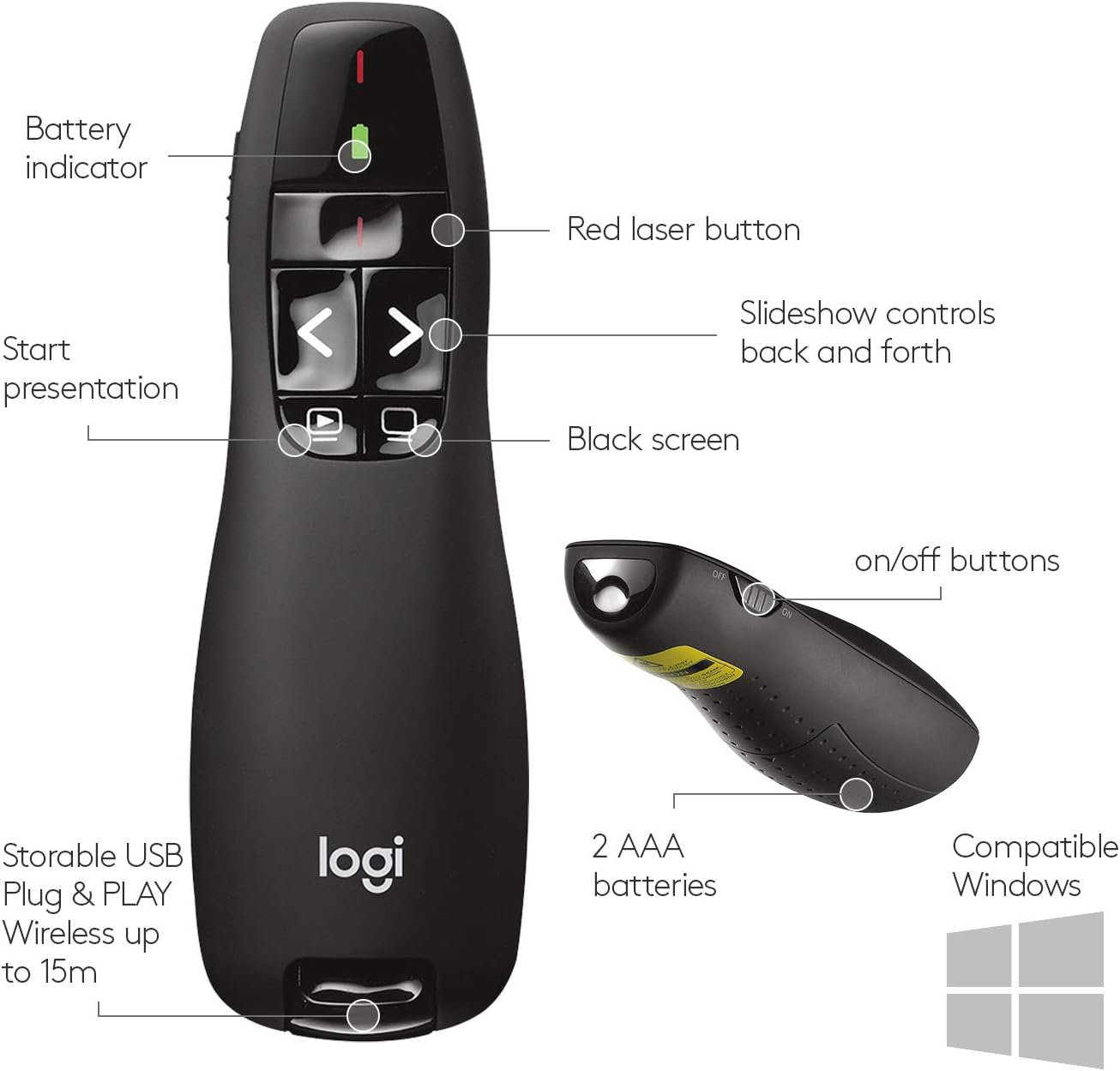 Logitech Wireless Presenter R400, PowerPoint Clicker with Laser Pointer