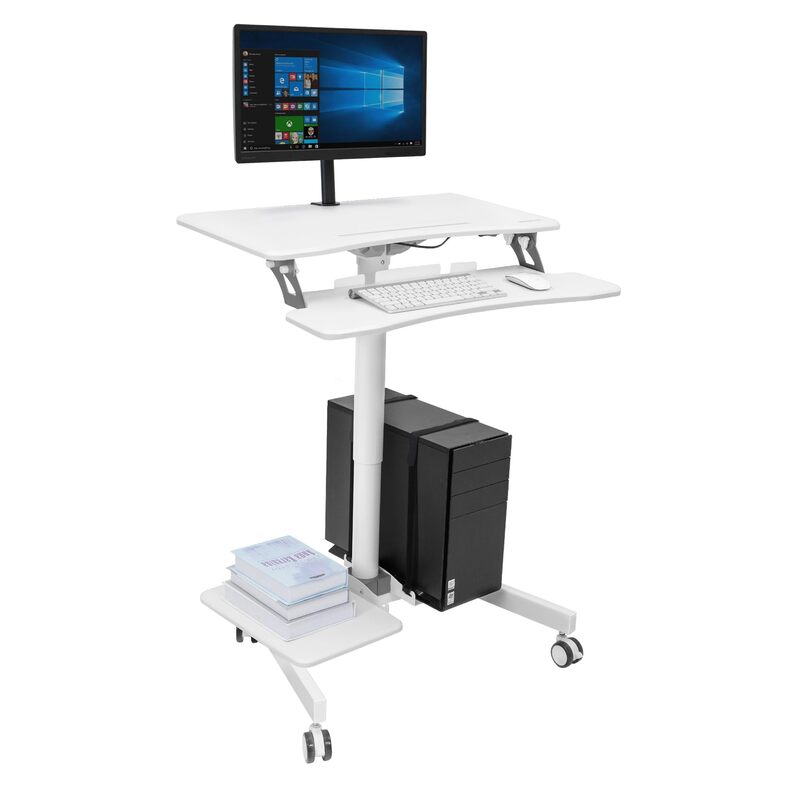 Mount-It! Mobile Workstation for Medical, Classroom, or Office Use, Height Adjustable Rolling Desk with Keyboard Tray, Storage Shelves & Locking Wheels, Portable Computer Cart – White