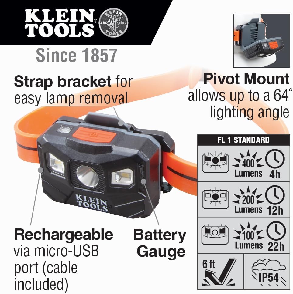 Klein Tools 56064 Rechargeable Auto-Off LED Headlamp, Silicone Strap, 400 lms, All-Day Runtime, for Work, Running