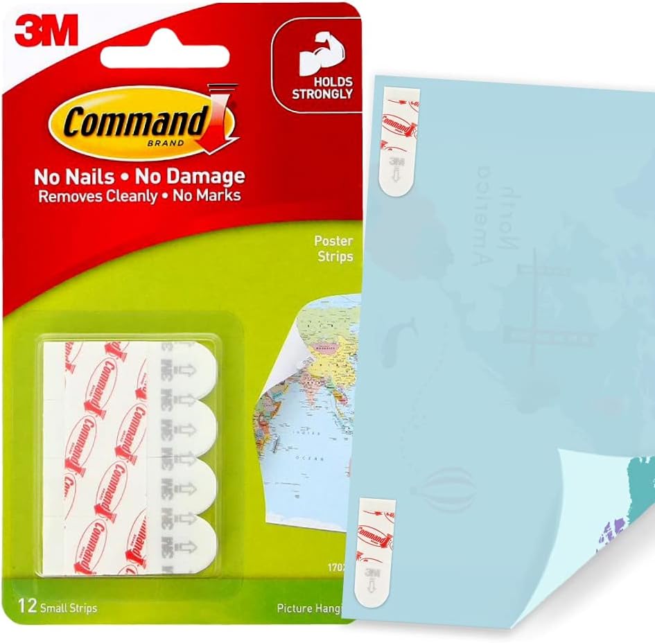 Command Poster Strips, Removable, Holds Up to 1 Lb Per Pair, 0.63 X 1.75, White, 12/Pack