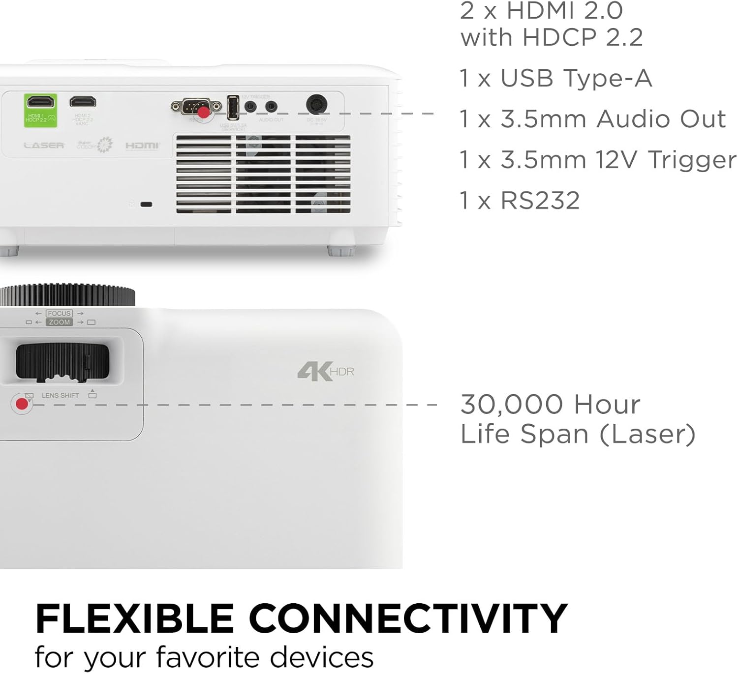 ViewSonic LX700-4K UHD 3500 Lumens Laser Projector Designed for Xbox with 4.2ms Response Time, 240Hz Refresh Rate