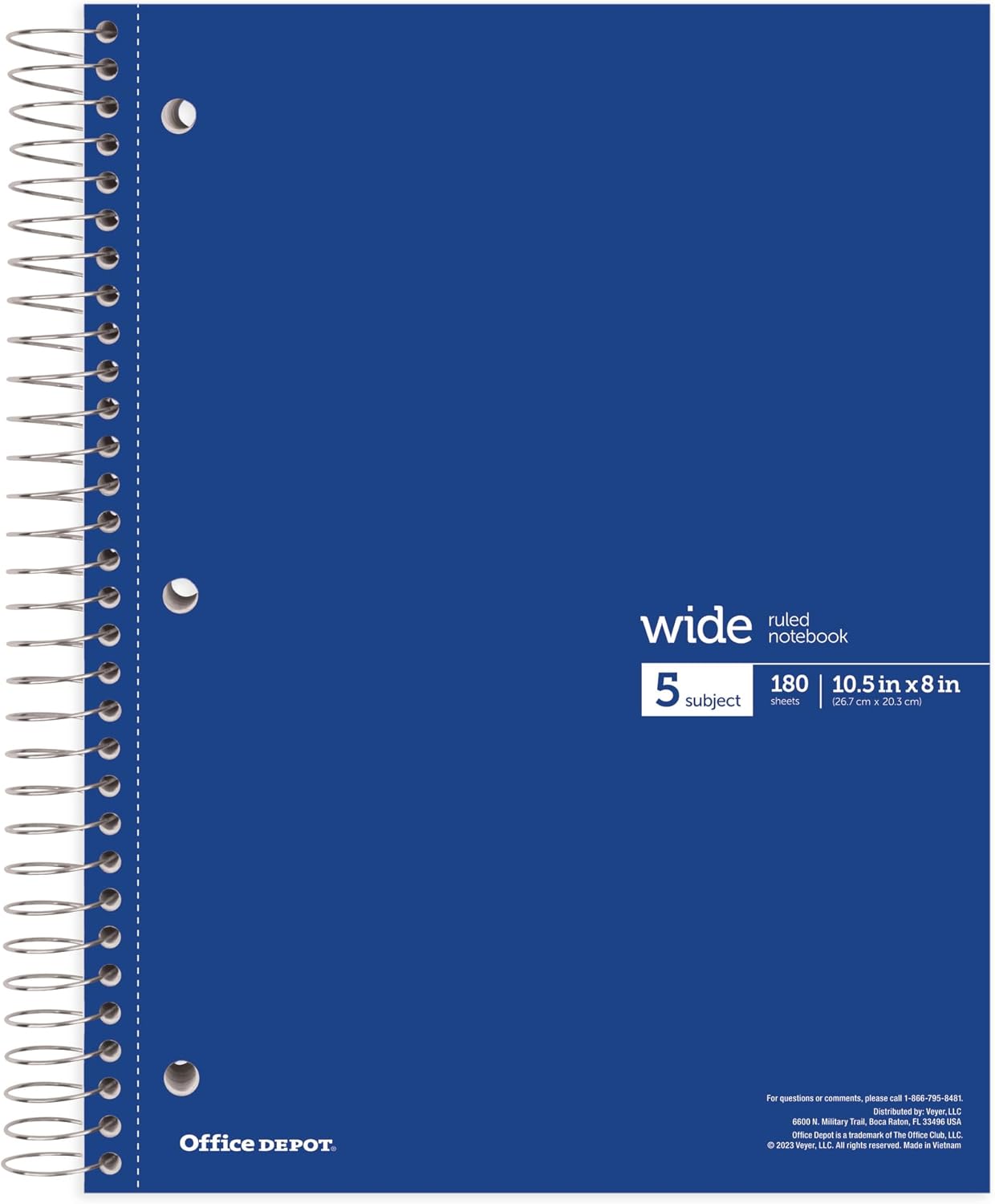Office Depot® Wirebound Notebooks, 8" x 10-1/2", 5 Subjects, Wide Ruled, 180 Sheets, Assorted Colors, Pack Of 6 Notebooks