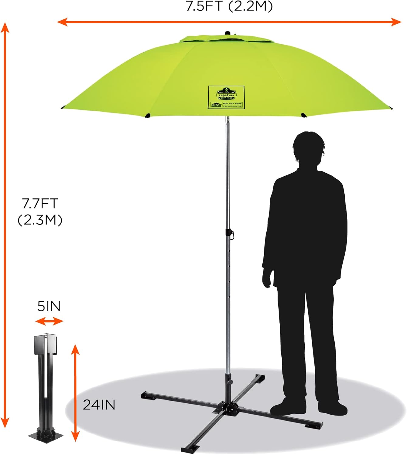 Ergodyne SHAX 6199 Lightweight Work Umbrella with Stand, Portable Sun Shade, Lime 7.5ft