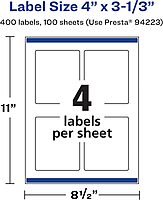 Avery Matte White Rectangle Labels, Sure Feed Technology, 4" x 3-1/3"