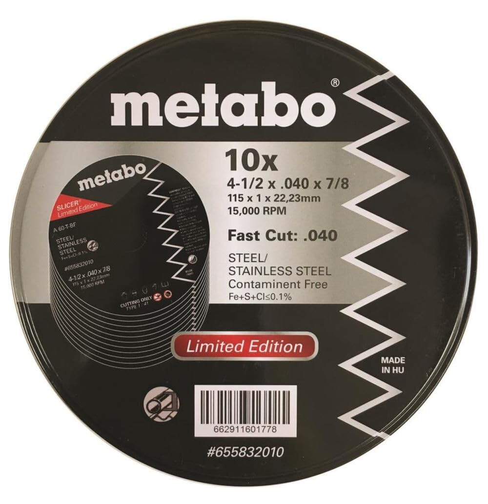 Metabo - Application: Steel/Stainless Steel - Slicer Wheel Promo Tin, 4.5" X.040x7/8 A60T, Pk 10 (655832010)