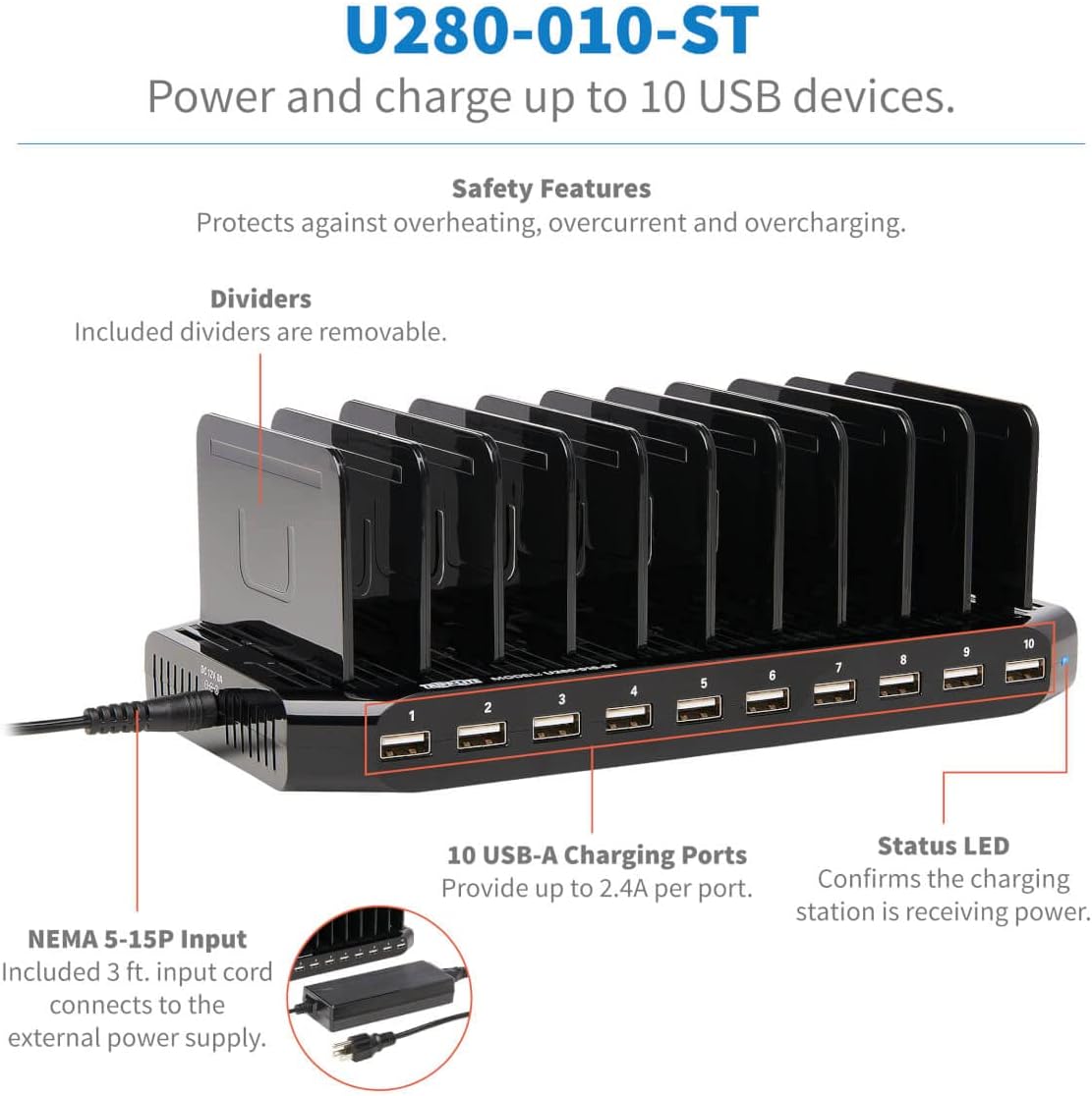 TRIPP LITE USB Charging Station with Storage and Adjustable Brackets
