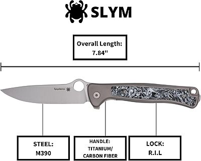 Spyderco Slym Ultralight Folding Knife - M390 Steel Blade with Titanium/Carbon Fiber Handle, R.I.L Lock, PlainEdge - C271TIP