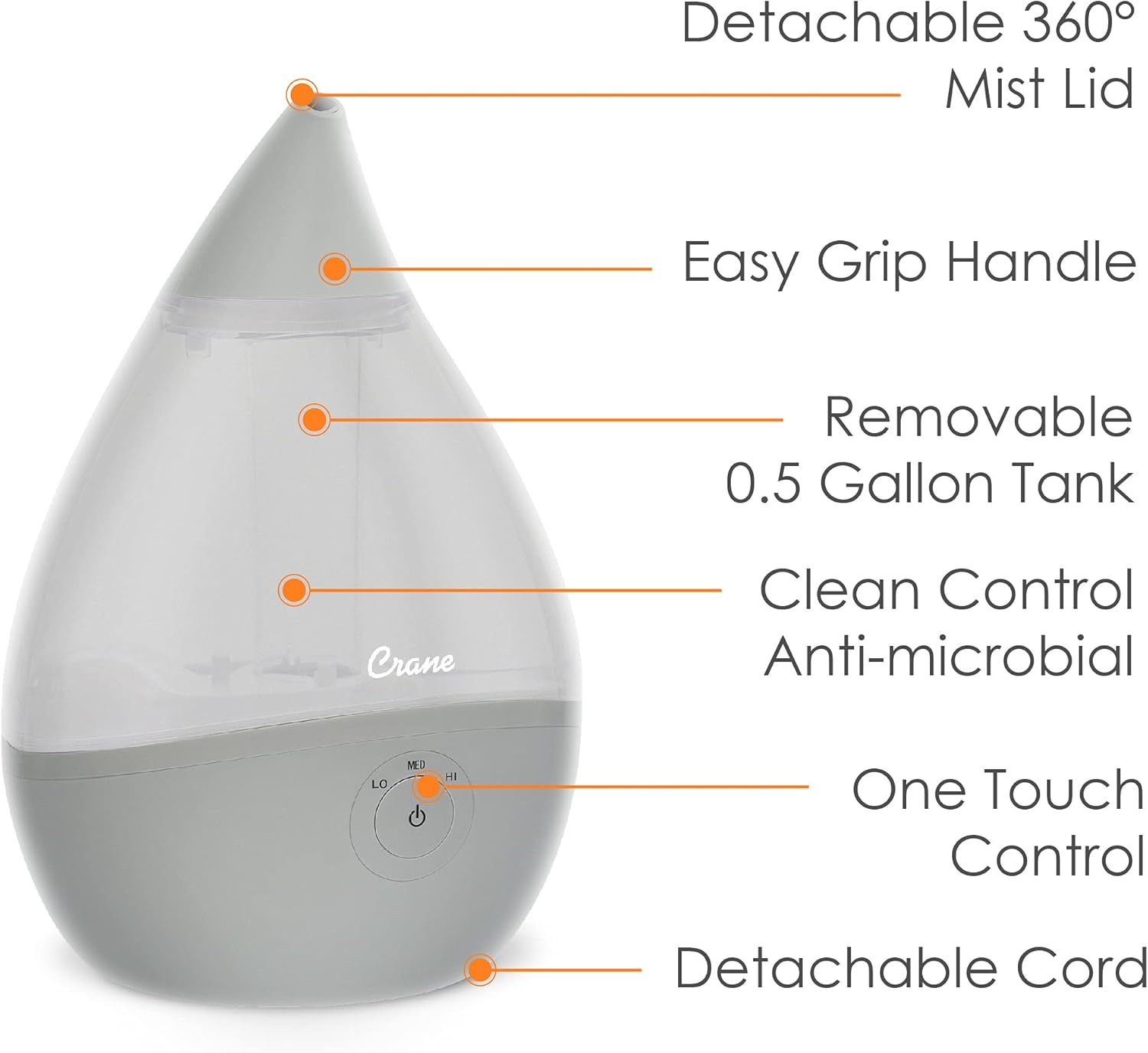 CRANE Droplet/Teardrop Ultrasonic Cool Mist Humidifier, 0.5 Gallon