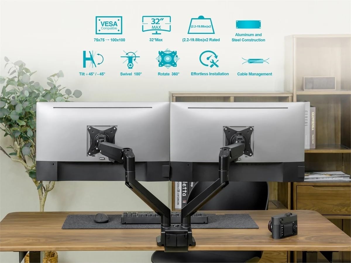 Monoprice Low Profile Dual Monitor Gas Spring Desk Mount - Up to 32in/19.8 lbs Screens, Detachable VESA 100x100/75x75 Plate