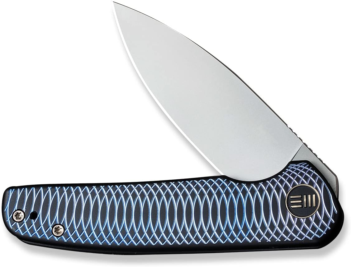 WE KNIFE WE20052C-1 Blue Satin Polished Patterned Titanium Presentation Handle with Black Titanium Lock Side Handle