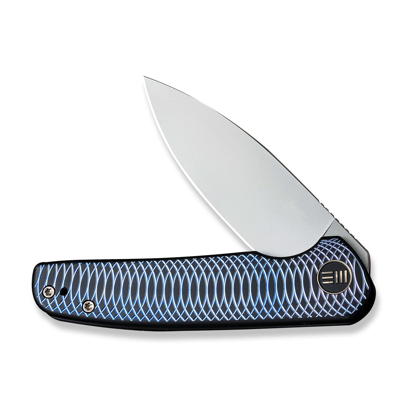 WE KNIFE WE20052C-1 Blue Satin Polished Patterned Titanium Presentation Handle with Black Titanium Lock Side Handle