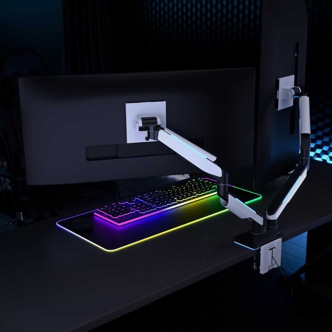 Mount-It! Heavy Duty Dual Monitor Arm up to 35 in. 44 lbs Screens, RGB Lights, 75x75 100x100 VESA Desk Mount for 2 Widescreen Curved Monitors 27 32 34 35 inches, Gas Spring, Clamp, Grommet, RGB Lights