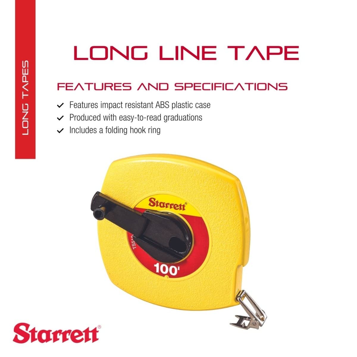 Starrett Retractable Imperial Long Line Tape with ABS Plastic Case and Folding Hook Ring - 100' Length, 3/8" Width