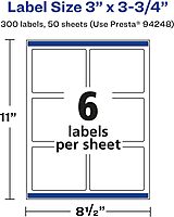 Avery Matte White Rectangle Labels, Sure Feed Technology, 3" x 3.75"
