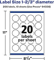 Avery Glossy White Round Labels, Sure Feed Technology, 1-2/3" Diameter, 200 Glossy White Labels, Print-to-The-Edge
