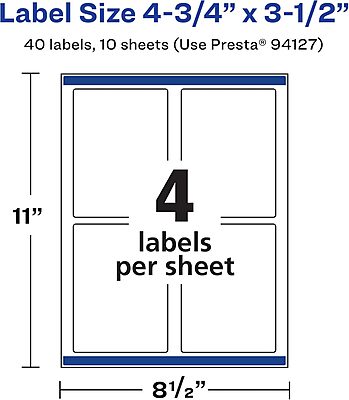 Avery Glossy White Rectangle Labels, Sure Feed Technology, 4.75" x 3.5", 40 Labels, Print-to-The-Edge, Laser/Inkjet Printable