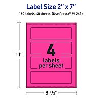 AVERY Printable Rectangle Labels, 2" x 7", Neon Magenta, Sure Feed Technology, Print-to-the-Edge, Laser/Inkjet