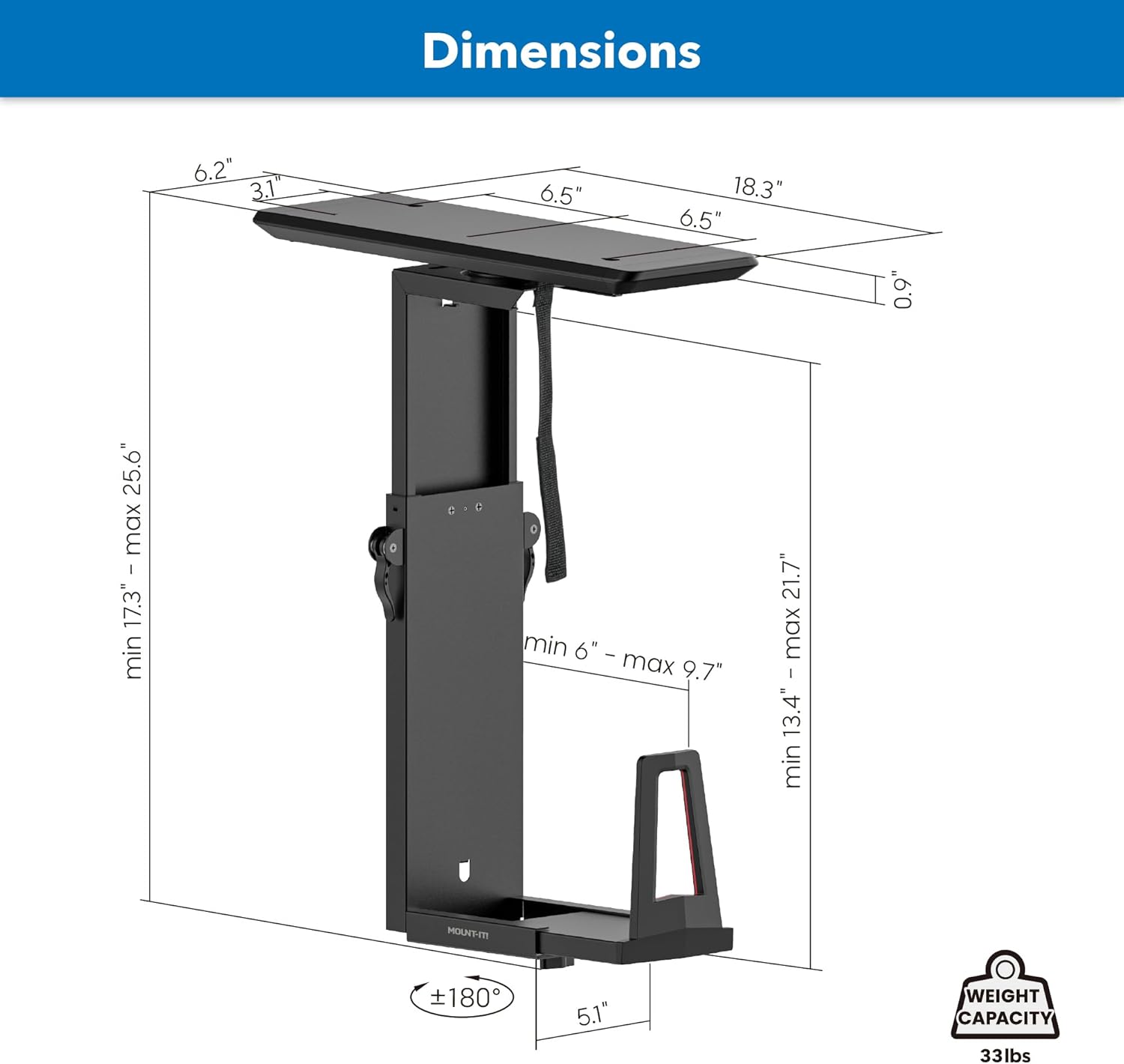 Mount-It! CPU Under Desk Mount Bracket Rack, Adjustable Computer Tower Desk Mount with Sliding Track, 33 lbs Capacity, Black