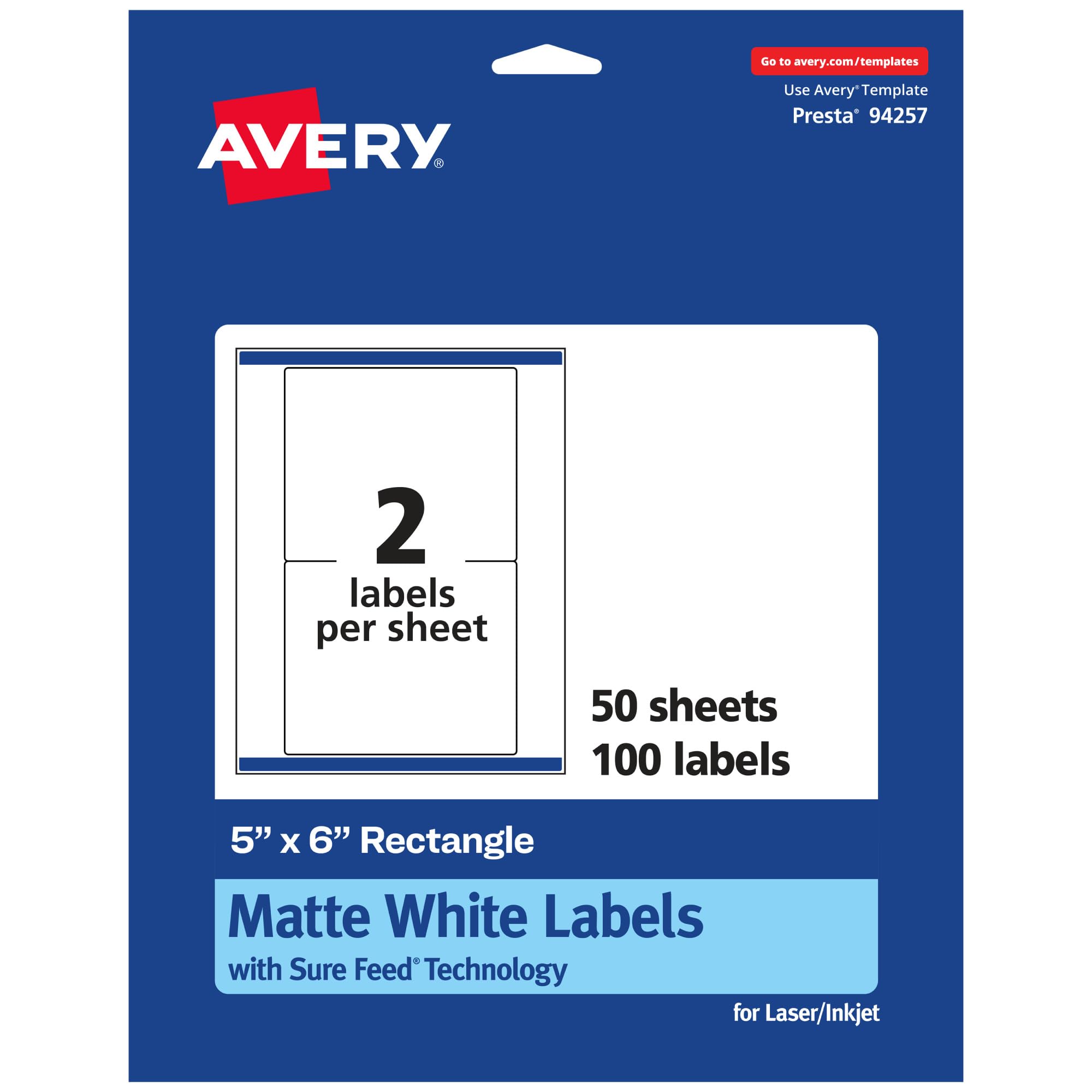 Avery Matte White Rectangle Labels, Sure Feed Technology, 5" x 6"