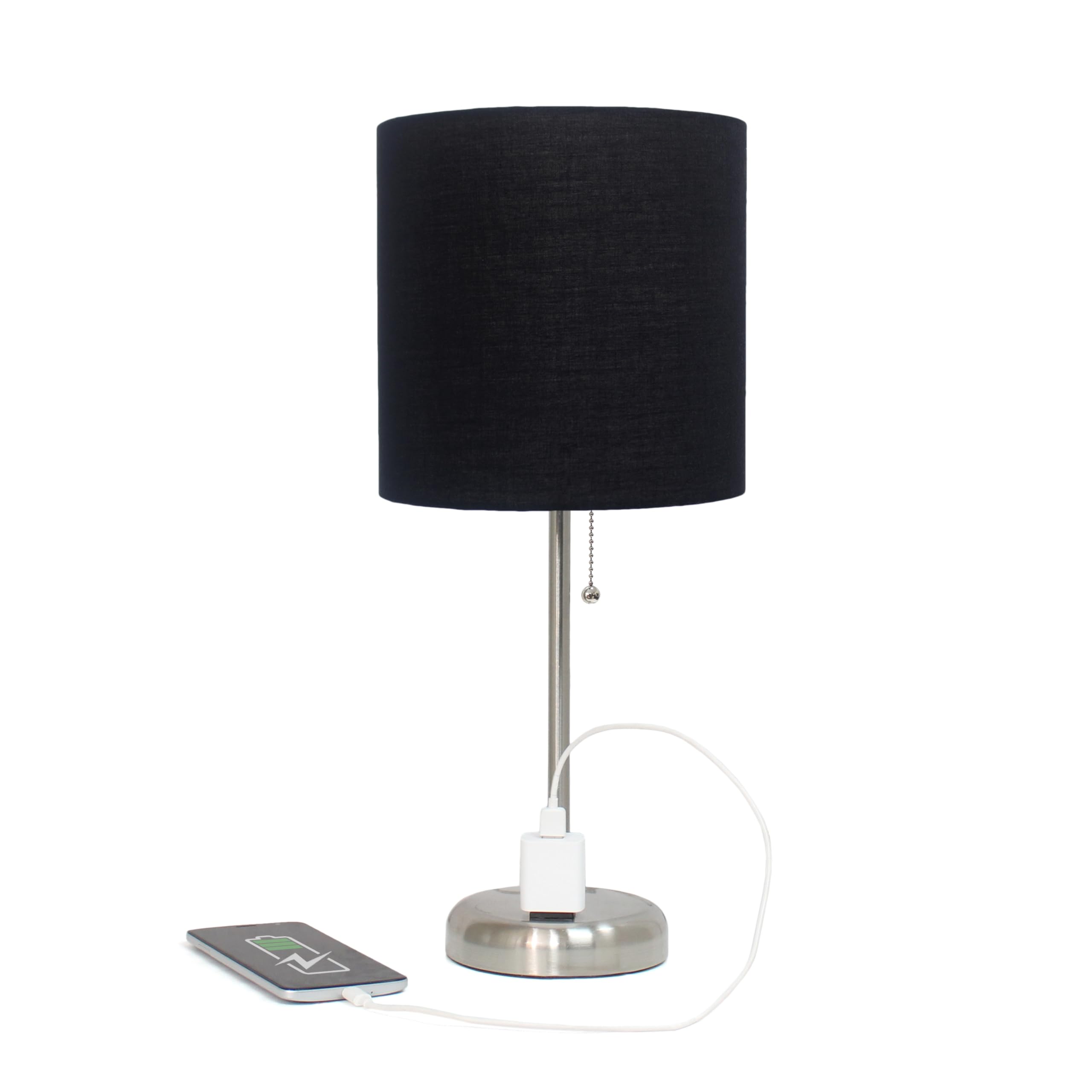 LIMELIGHTS Simple Designs LT2024 Stick Table Lamp with Charging Outlet and Drum Fabric Shade