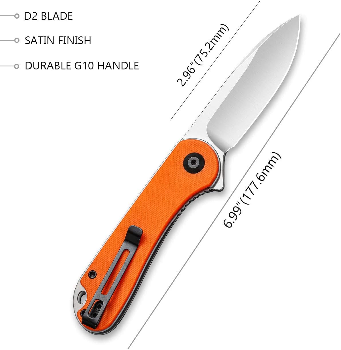 CIVIVI Elementum Folding Pocket Knife, 2.96" D2 Satin Blade,G-10 Handles, Liner Lock, Deep Carry Pocket Clip C907R (Orange)