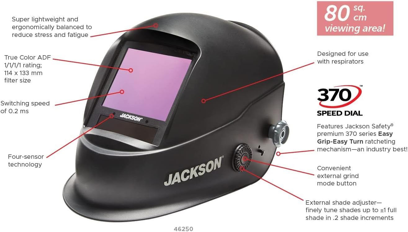 Jackson Safety TRANSLIGHT 555 + Premium Auto Darkening Helmet, Digital Control, 3.86" x 3.23" Viewing Area, 46250