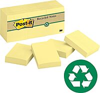 Post-it Greener Notes, 1.5x2 in, 12 Pads, America's #1 Favorite Sticky Notes,Canary Yellow, Clean Removal
