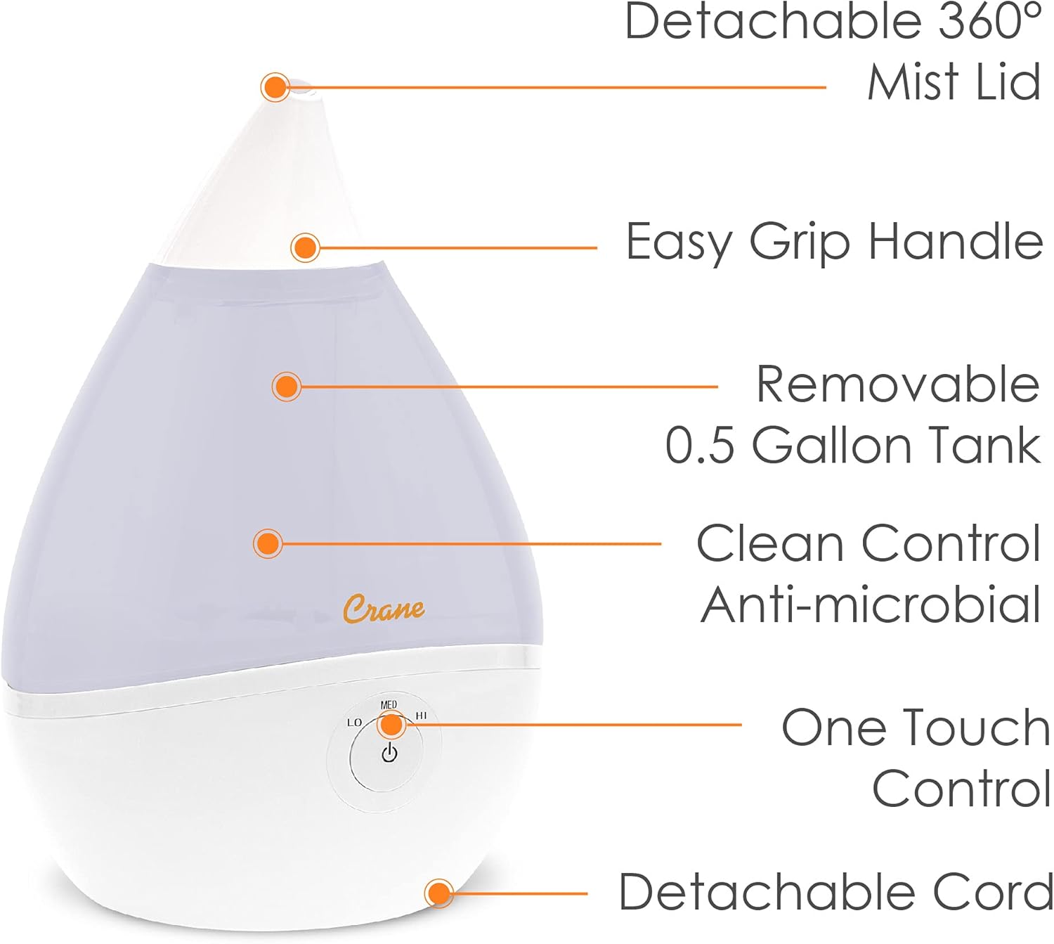 CRANE Droplet/Teardrop Ultrasonic Cool Mist Humidifier, 0.5 Gallon